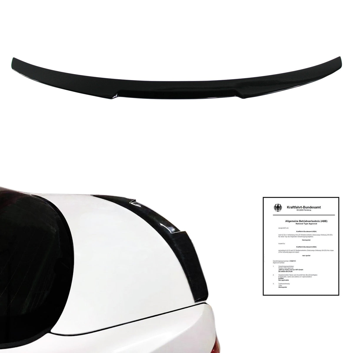 Heckspoiler Heckflügel Gloss Black für BMW 3er E92 Coupé, Bauteil und montierte Ansicht mit ABE