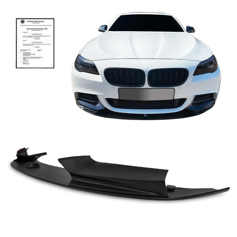JOM Frontspoiler Lippe Schwarz Matt für BMW 5er F10/F11, Bauteil und montierte Ansicht