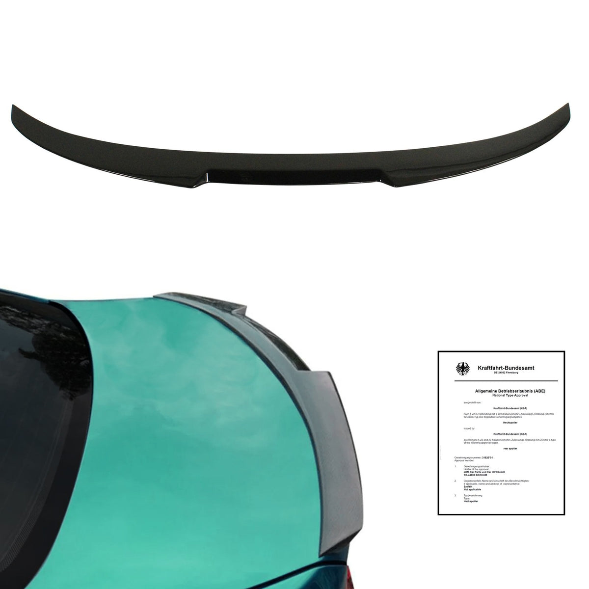 Heckspoiler Lippe Gloss Black für BMW 5er F10, Bauteil und montierte Ansicht mit ABE