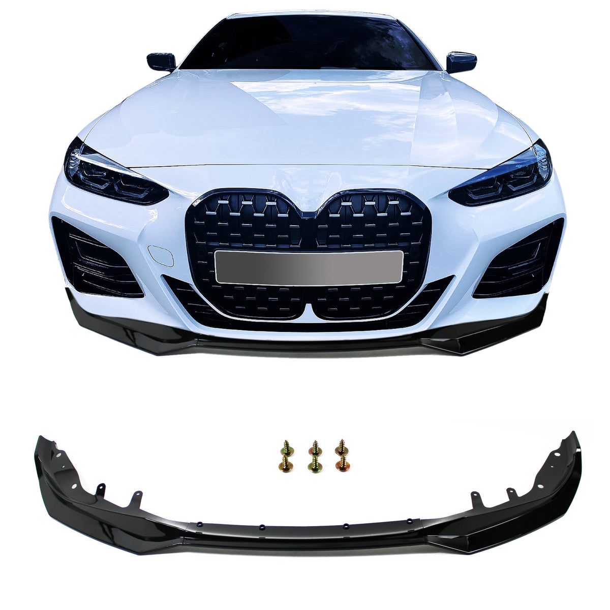 Frontspoiler Lippe Gloss Black an weißem BMW 4er G22 Coupé, Frontansicht mit Montagematerial